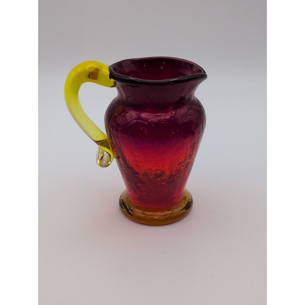 Amberina Crackle Glass Mini Pitcher With UV Reactive Glow & Yellow Handle Approx